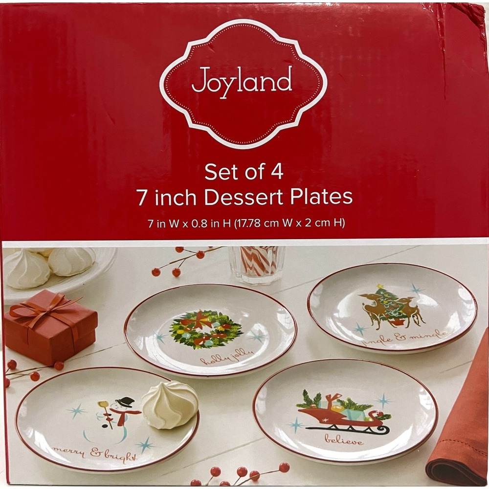 Retro MCM-Style Joyland Christmas 7" Stoneware Dessert Plates Set of 4 Open Box